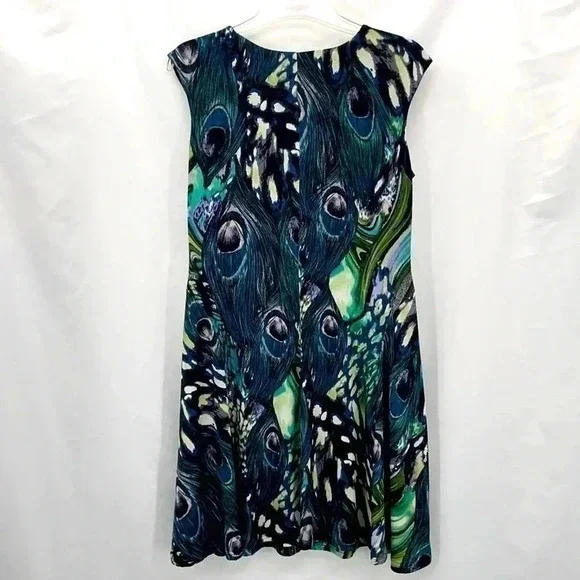 Dressbarn Peacock Sleeveless Dress 6 Black Green Feathers Circle Hem Peep Holes - Picture 8 of 10